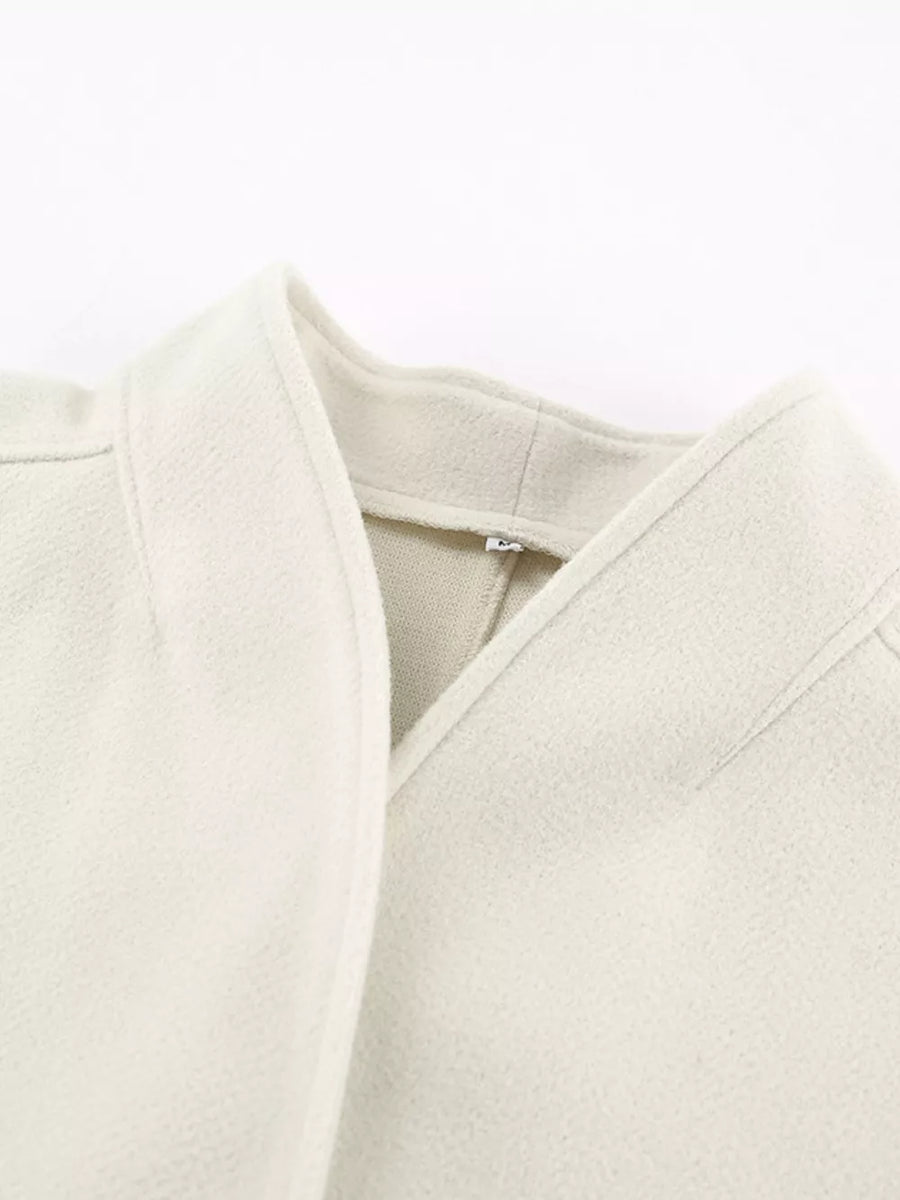 Elegant Stand Collar Open Front Outerwear in White, view 14