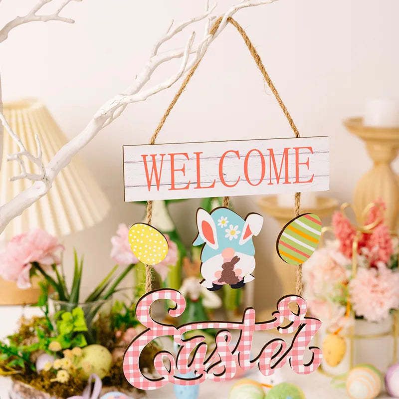 Easter wooden hanging decor with gnome, eggs, and welcome sign.