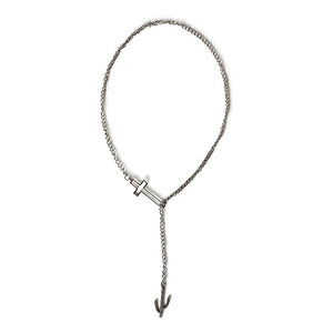 Silver asymmetrical cross lariat necklace with cactus charm, alloy.