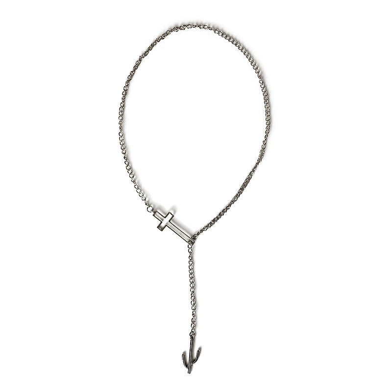 Silver asymmetrical cross lariat necklace with cactus charm, alloy.