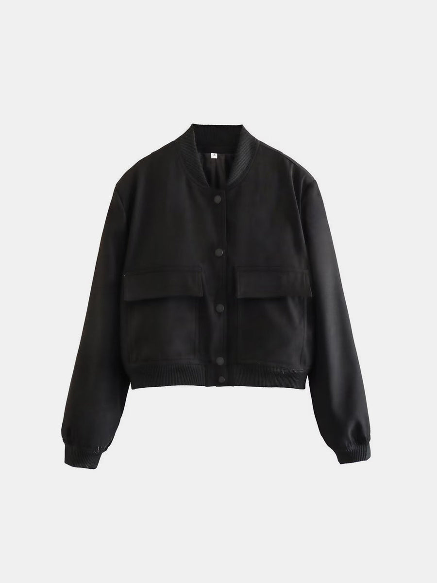 Black bomber jacket with two chest pockets, ribbed collar, cuffs, and hem.