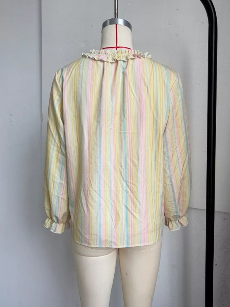 blouse featuring striped in Pastel Yellow with 100% polyester Care instructions: Machine wash cold texture