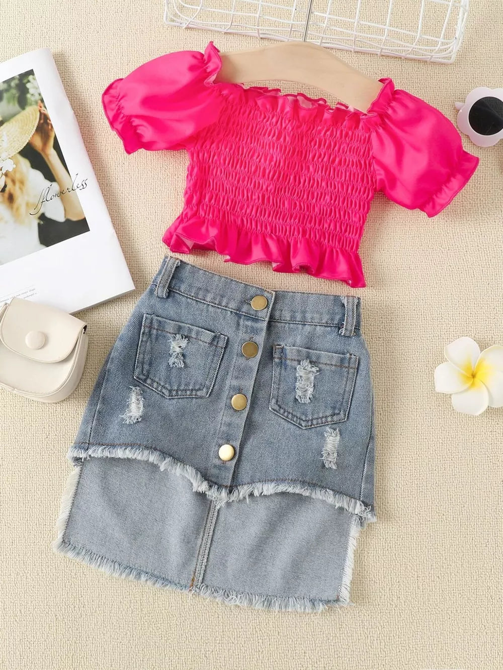 Rose Red Children's Smocked Top And Denim Skirt Set