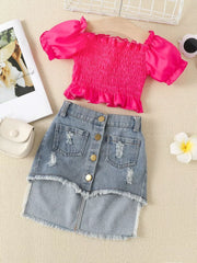 Rose Red Children's Smocked Top And Denim Skirt Set
