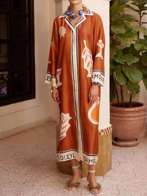 terracotta shirt dress with abstract print and collared