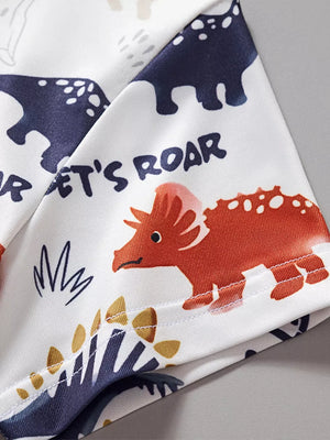 White t-shirt with dinosaur print and "Let's Roar" text