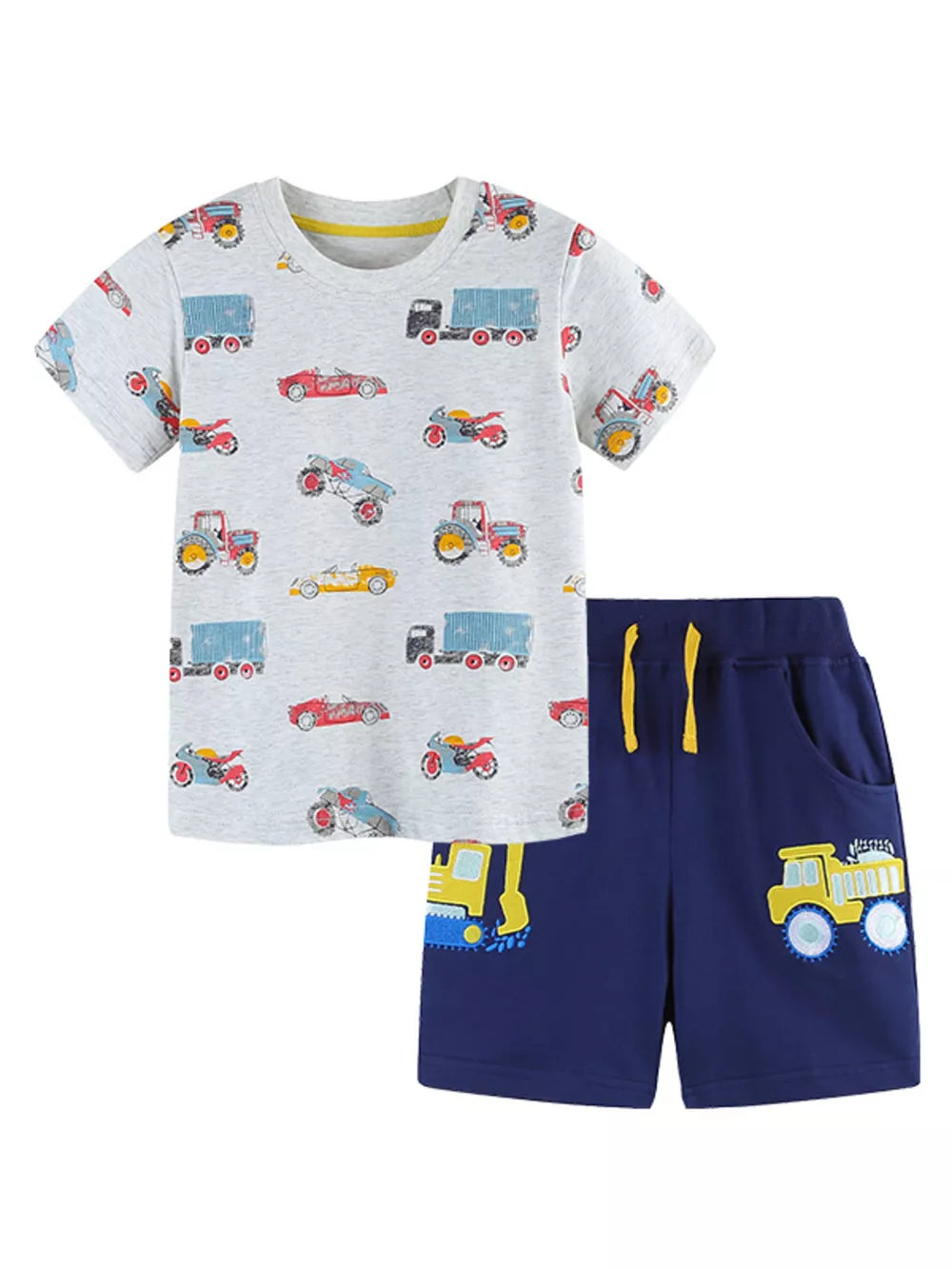 Children's grey vehicle print t-shirt and navy shorts set with yellow drawstring.