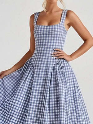 Plaid square neck midi dress in Dusty Blue with a-line skirt.