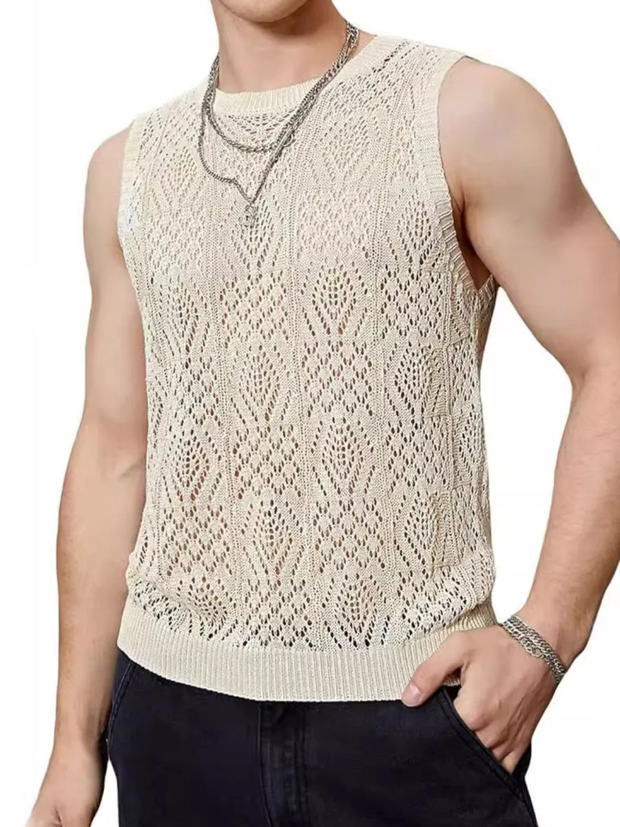Beige mesh muscle tee with diamond pattern and crew neck.
