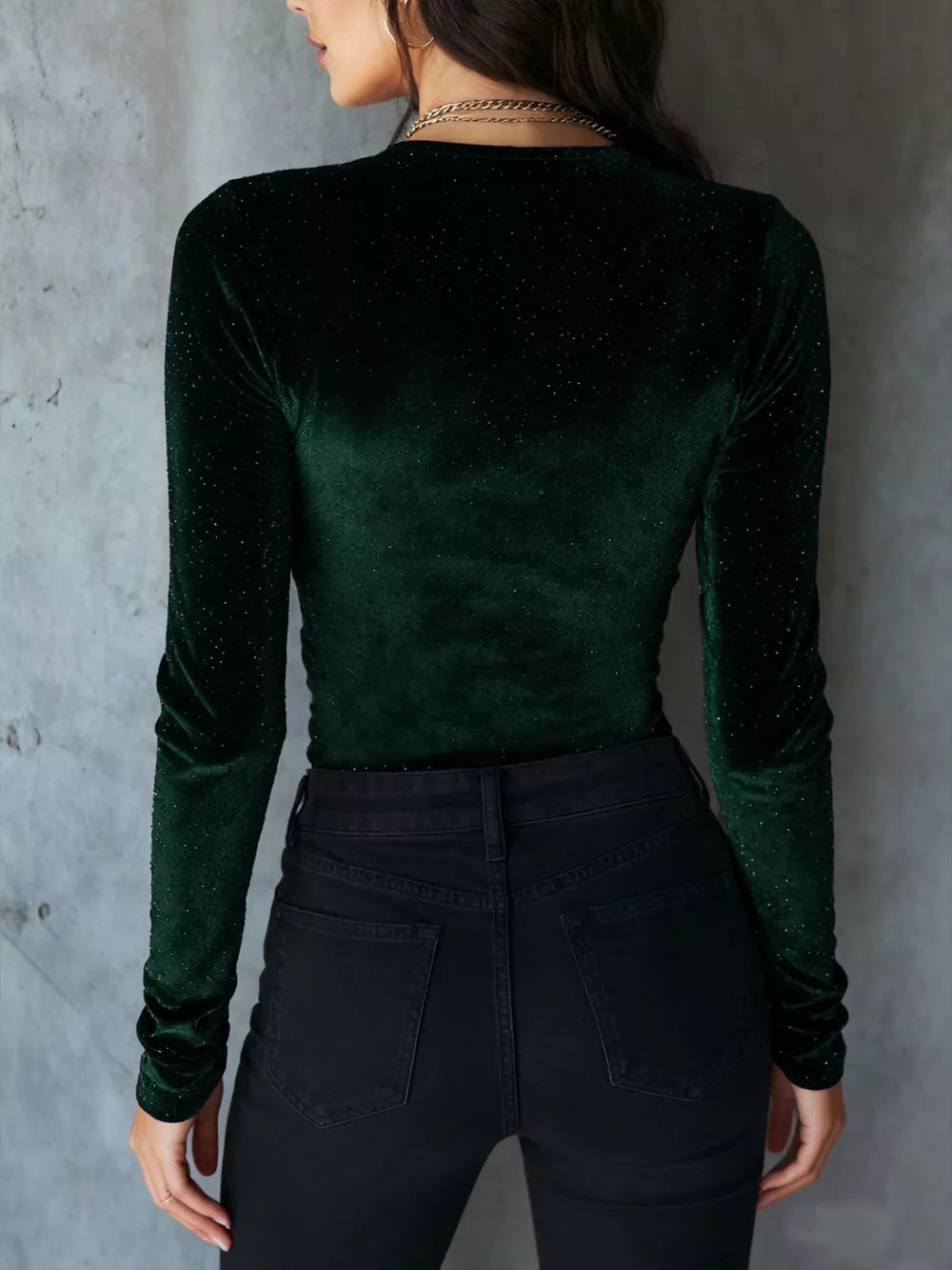 Luxe velvet ruched long sleeve t-shirt in Black Forest with subtle sparkle detail.