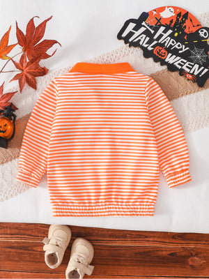 Children's Little Boo Halloween Striped Quarter-Zip Sweatshirt in white with chenille patch