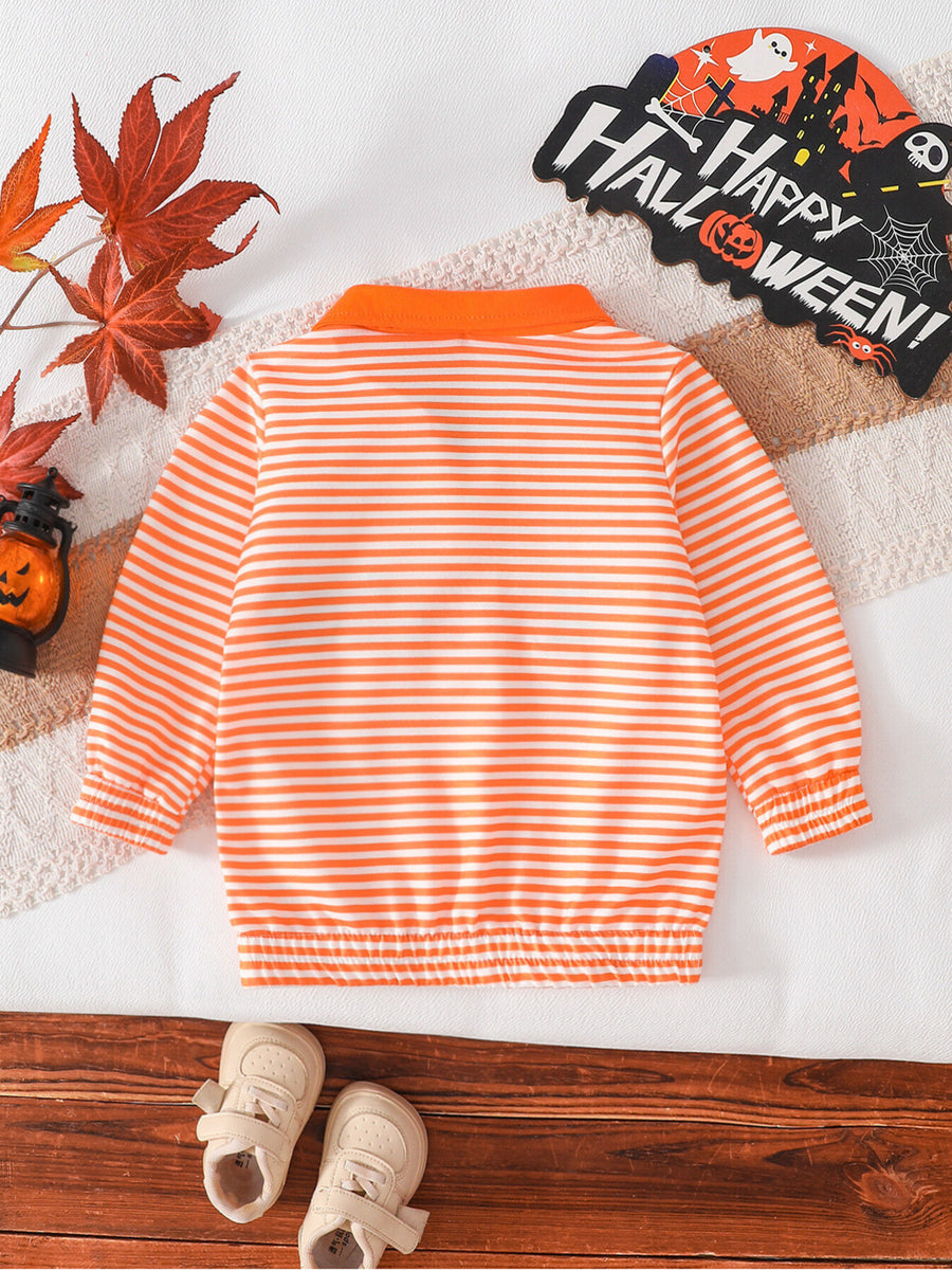 Children's Little Boo Halloween Striped Quarter-Zip Sweatshirt in white with chenille patch