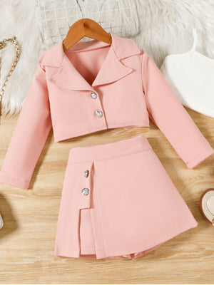 Pink toddler blazer and skirt set with decorative buttons
