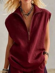 Maroon linen blend sleeveless zip-neck collared top with pockets