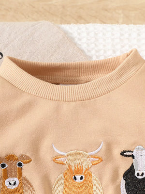 Children's Farm Animal Embroidered Top And Pants Set in Off-white