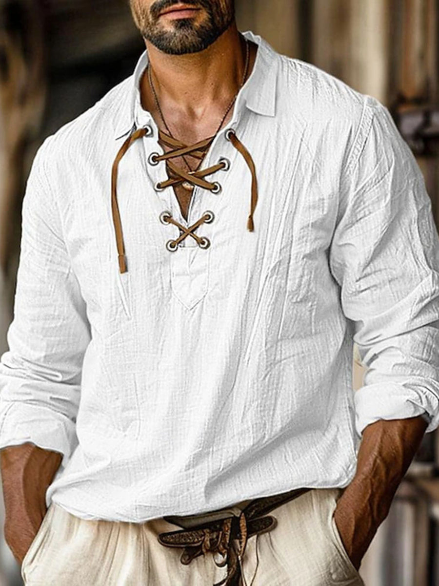 White cotton lace-up V-neck men's undershirt with long sleeves.