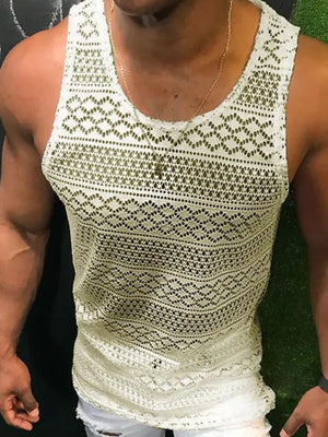 Ivory geometric crochet tank top with a scoop neck and open knit pattern.