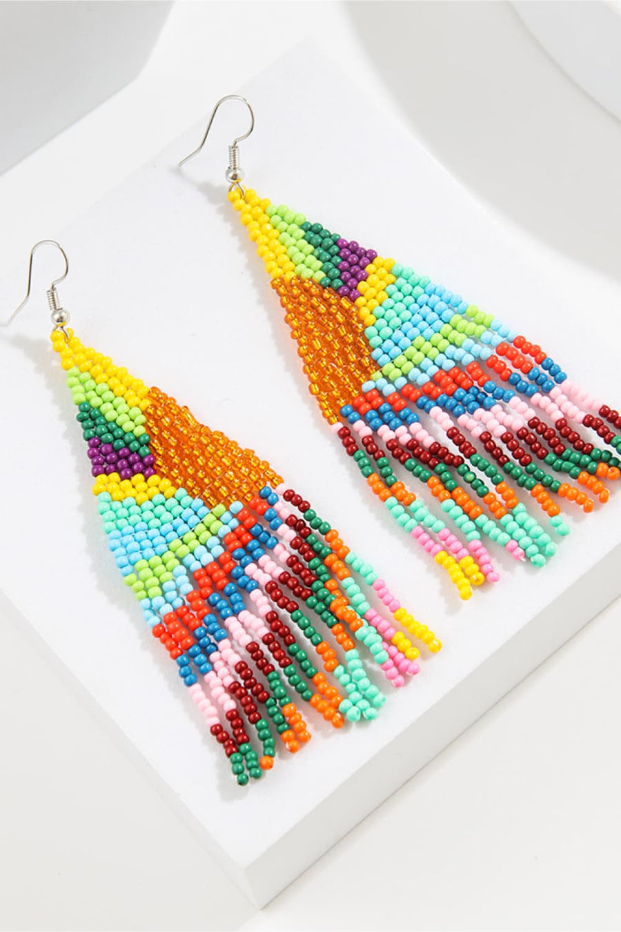 Chic beaded fringe drop earrings in multicolor geometric pattern