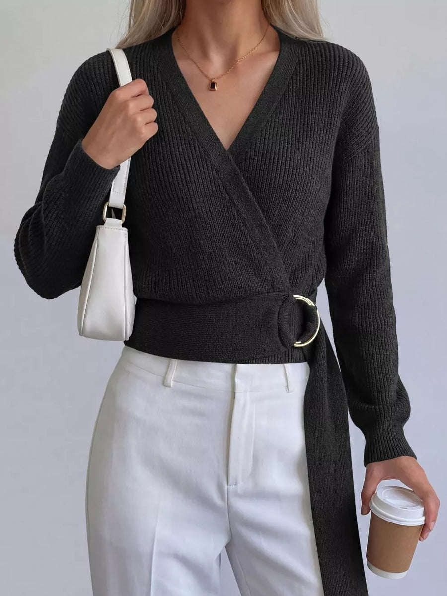 wrap sweater in Caramel with metal ring detail and waist-length