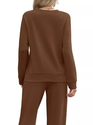 Brown casual long-sleeve top and pants set with drawstring detail.