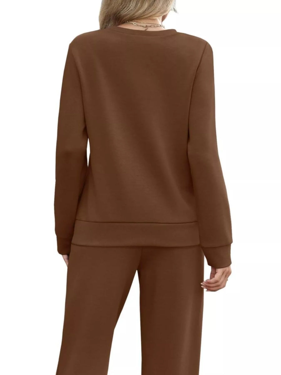Brown casual long-sleeve top and pants set with drawstring detail.