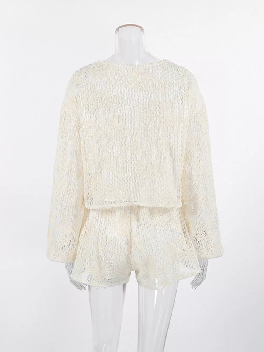 Beige lounge set with crochet and bishop sleeve
