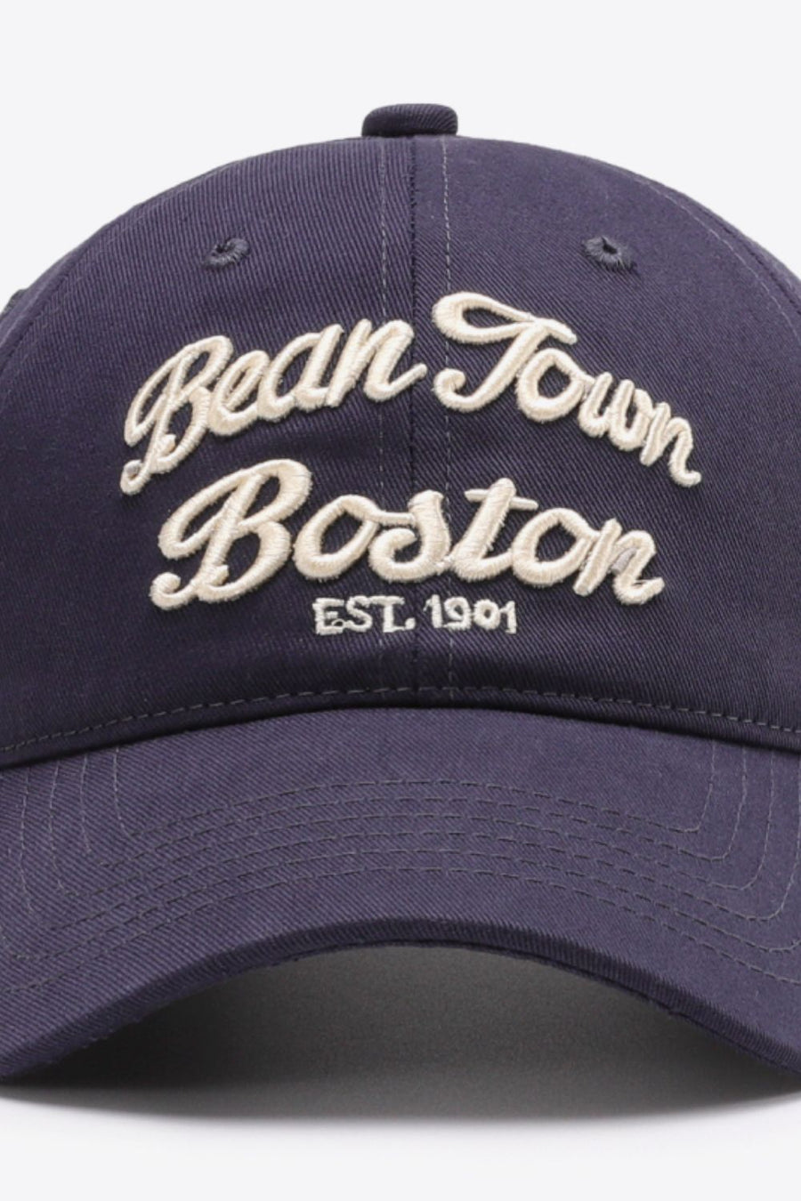 Dark Blue baseball cap with embroidered "Bean Town Boston Est. 1901" text.