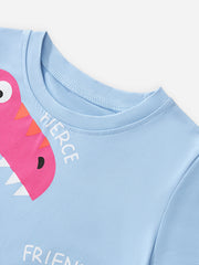 Light blue toddler t-shirt with pink dinosaur graphic and text Fierce Friends