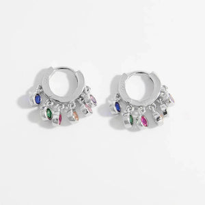 Silver dangle hoop earrings with colorful marquise-cut zirconia charms