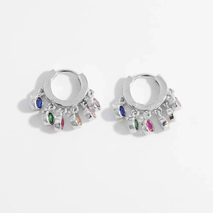 Silver dangle hoop earrings with colorful marquise-cut zirconia charms