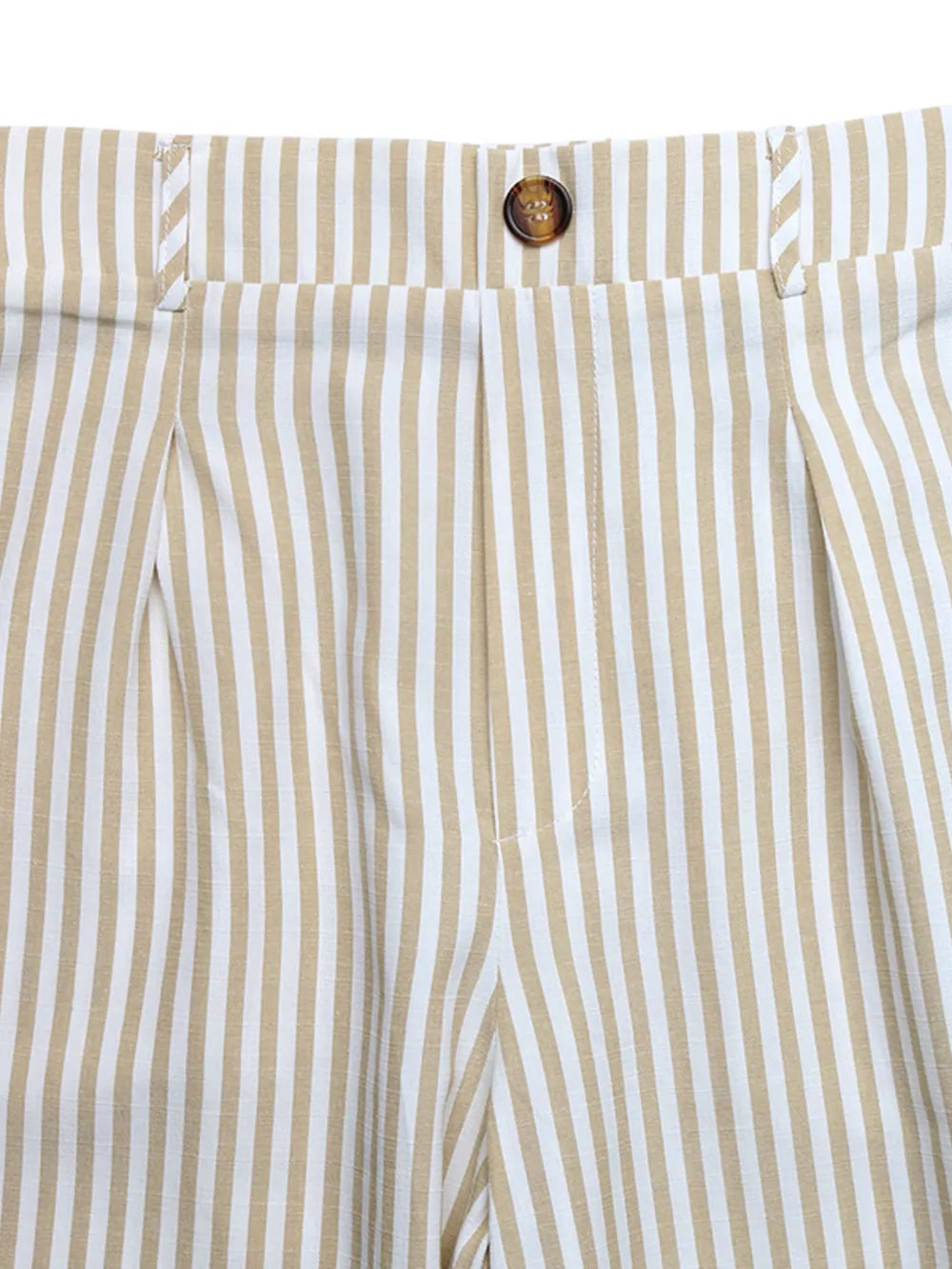 Chic striped two-piece set pants in tan and white cotton with button closure and pleats.