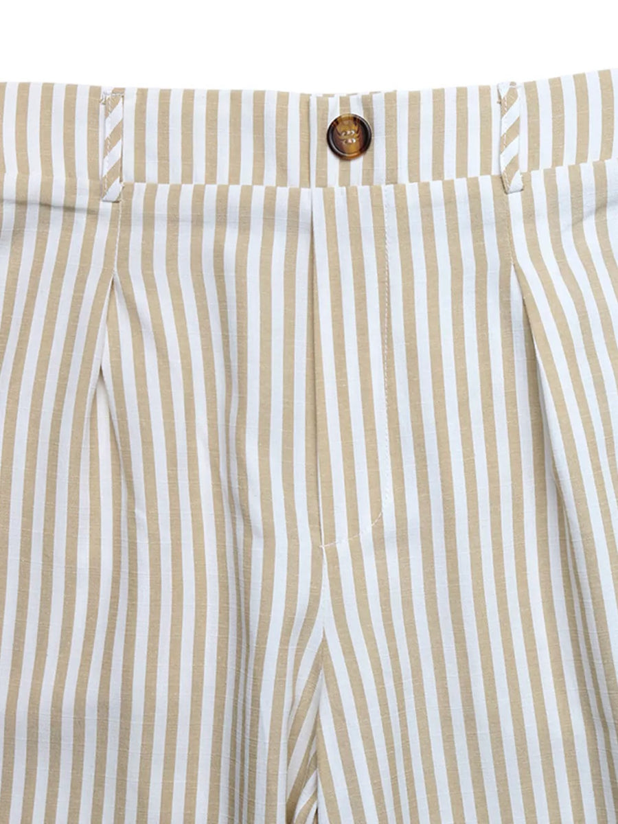 Chic striped two-piece set pants in tan and white cotton with button closure and pleats.