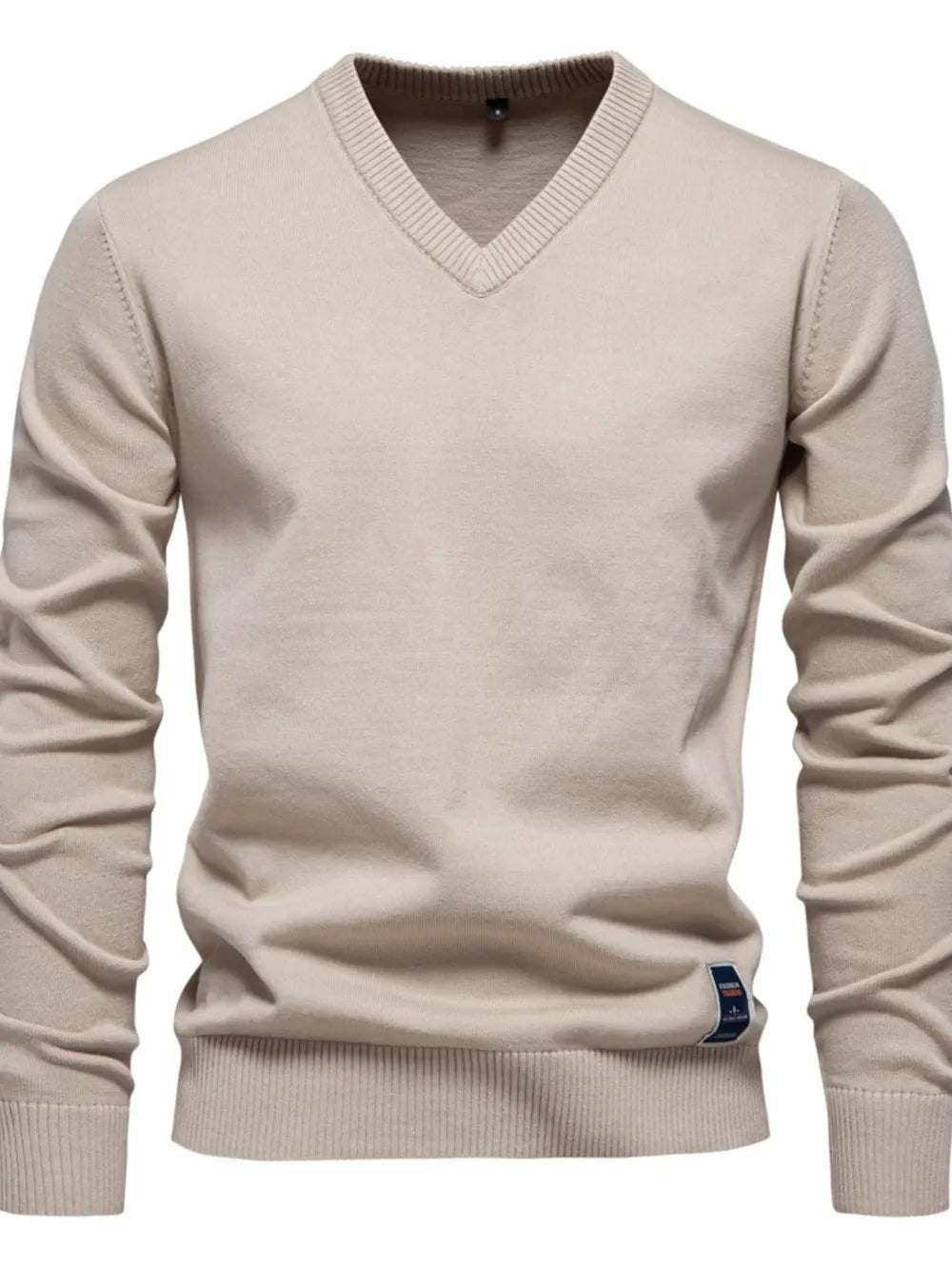 Khaki ribbed knit V-neck sweater with long sleeves and a small logo tag detail.