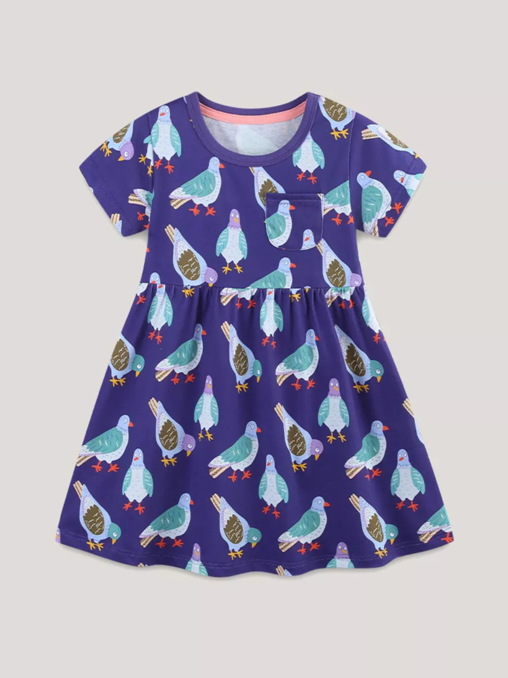 Purple cotton toddler dress with playful pigeon print and chest pocket.
