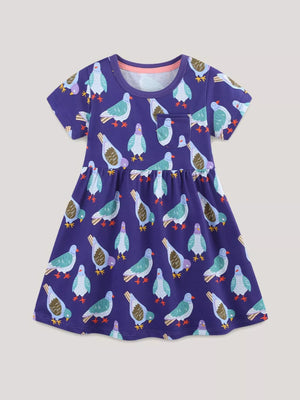 Purple cotton toddler dress with playful pigeon print and chest pocket.