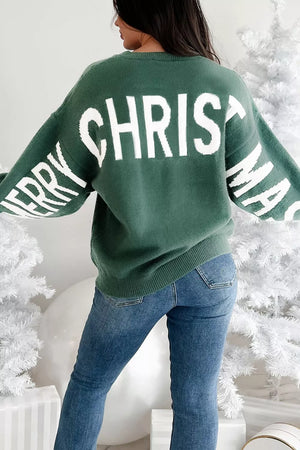 Green graphic long-sleeve sweater with white "MERRY CHRISTMAS" text on back and sleeves.