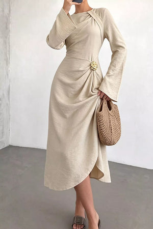 Ruched Long Sleeve Midi Dress in Beige