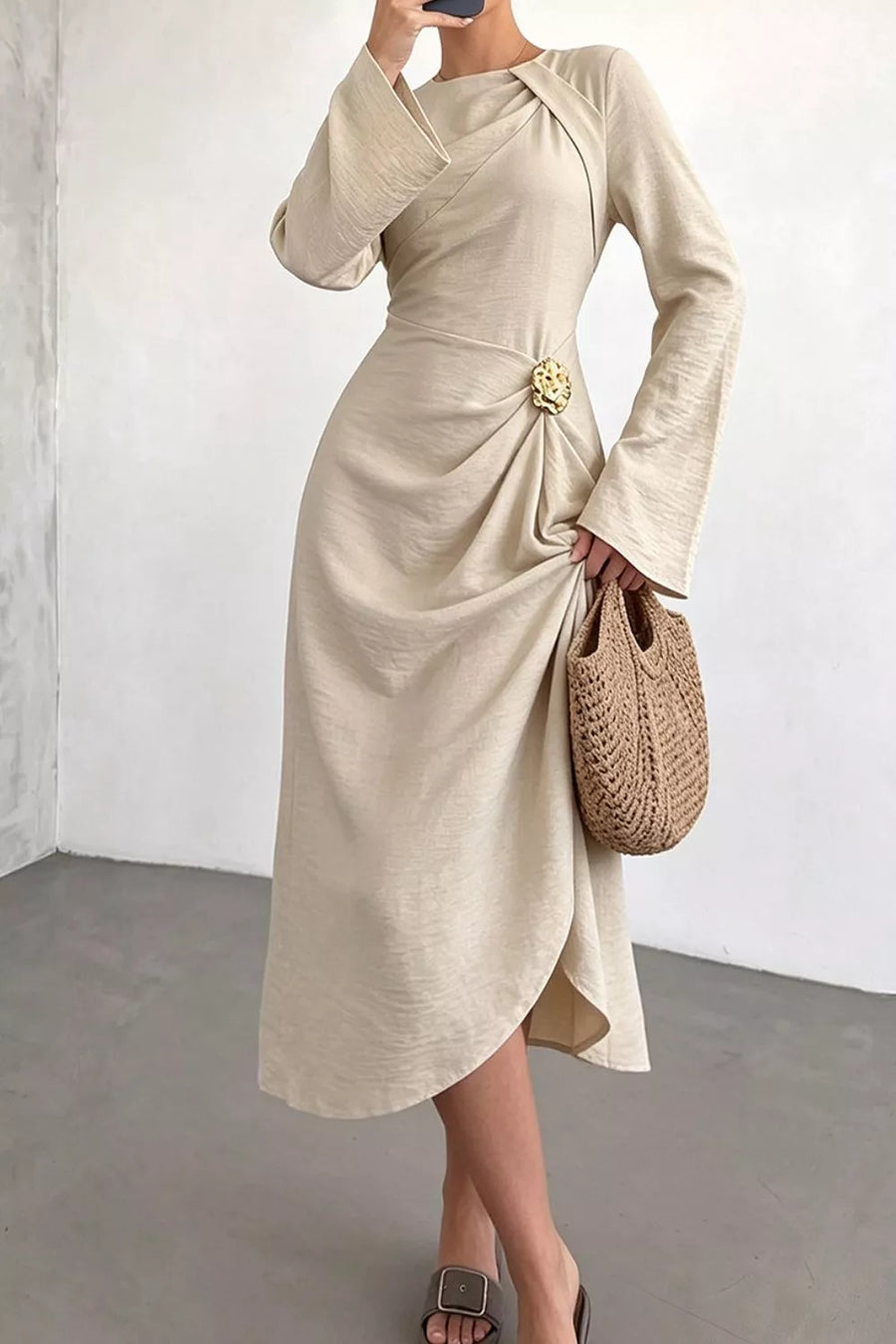 Ruched Long Sleeve Midi Dress in Beige