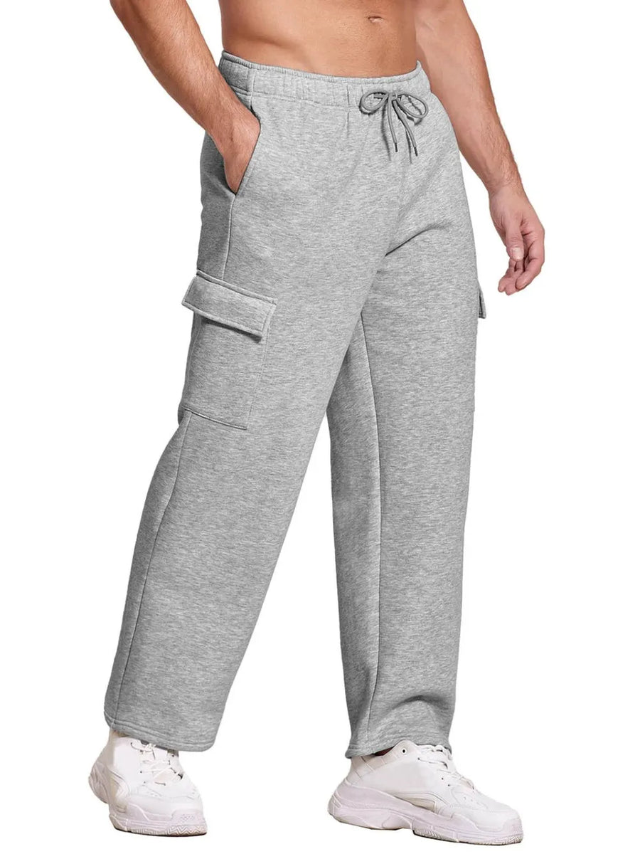 Gray fleece cargo joggers with drawstring waist and side pockets.