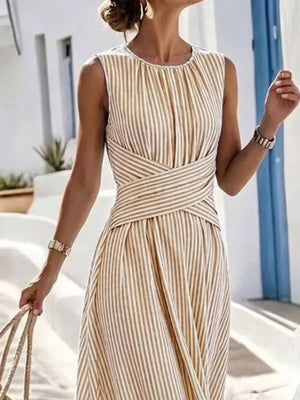 Khaki Full Size Striped Sleeveless Maxi Dress
