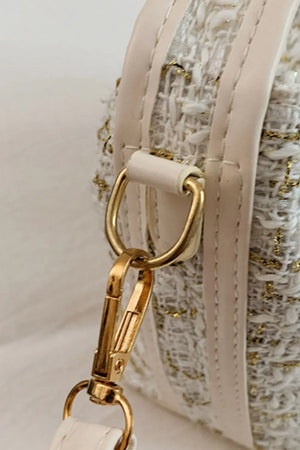 Ivory tweed box bag with gold hardware and detachable strap detail