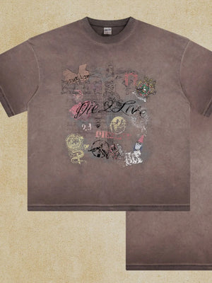 Mocha vintage wash t-shirt with graffiti-style graphic print including text and illustrations.