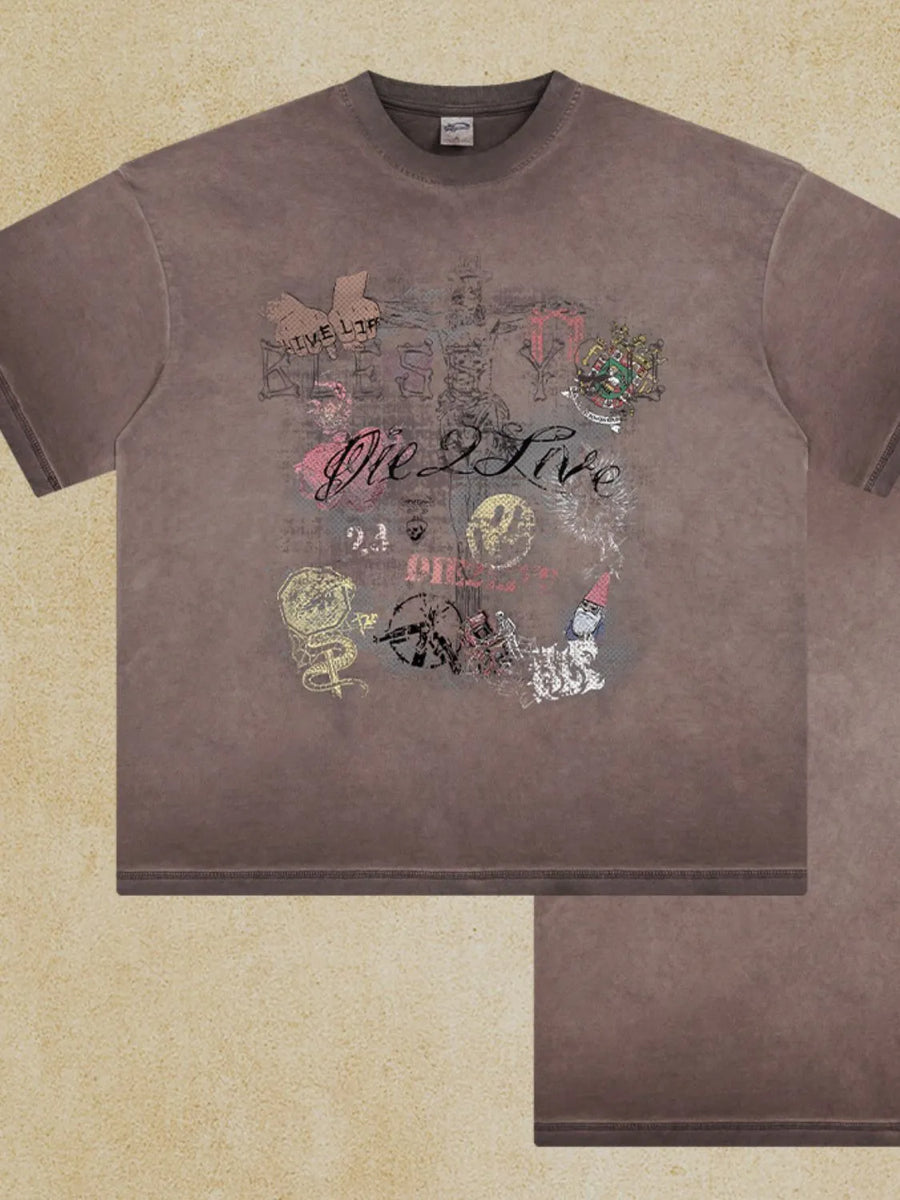 Mocha vintage wash t-shirt with graffiti-style graphic print including text and illustrations.