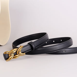 Black cowhide leather belt with gold chain buckle detail