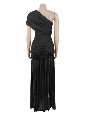 Black formal gown with thigh slit and sleeveless