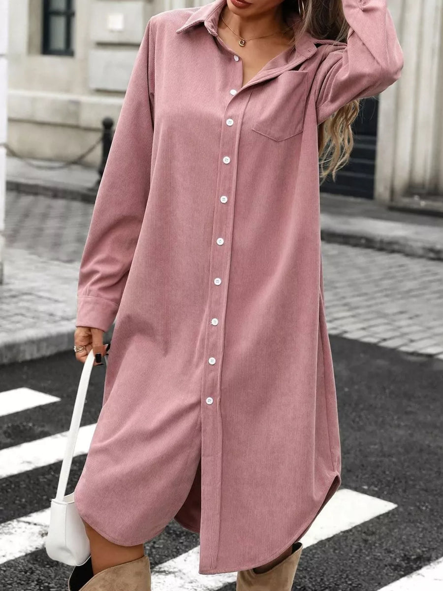 Cream shirt dress with pocketed and long sleeve