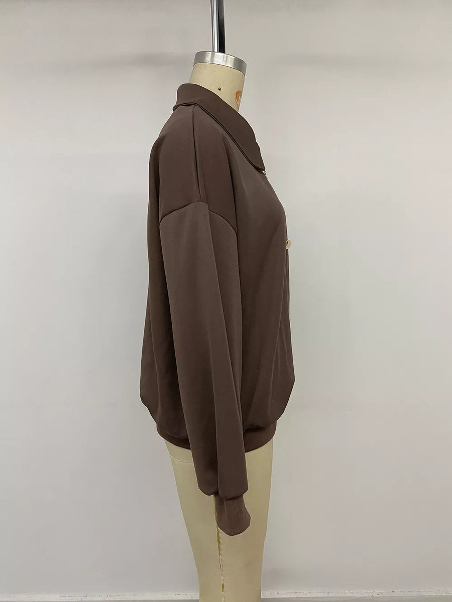 Polo Collar Dropped Shoulder Sweatshirt in Coffee Brown with buttoned
