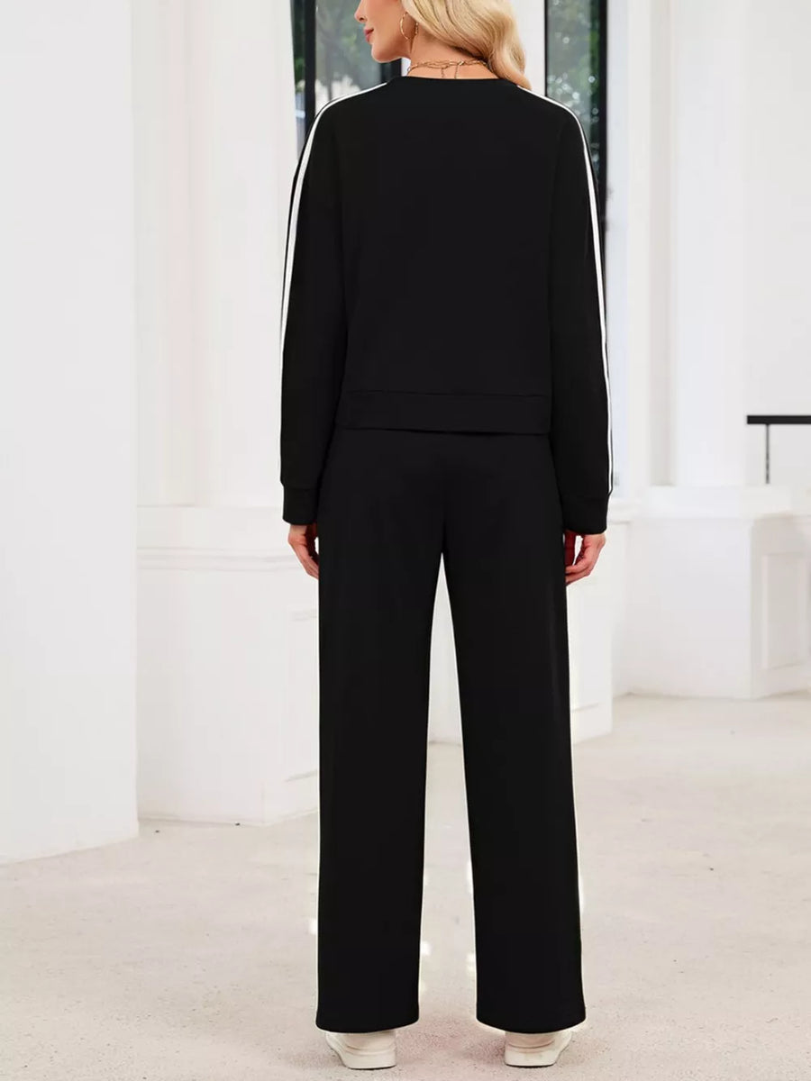 Khaki with Striped Round Neck Sweatshirt And Pants Set