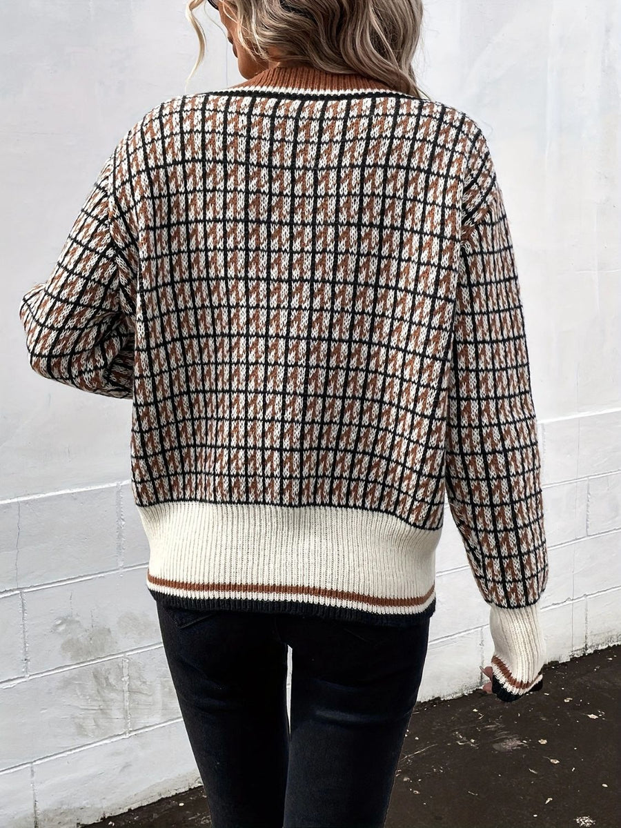 Geometric knit cardigan in caramel with houndstooth pattern and ribbed trim.