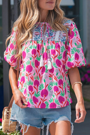 Floral Print Short Sleeve Tassel Tie Blouse in Fuchsia Pink